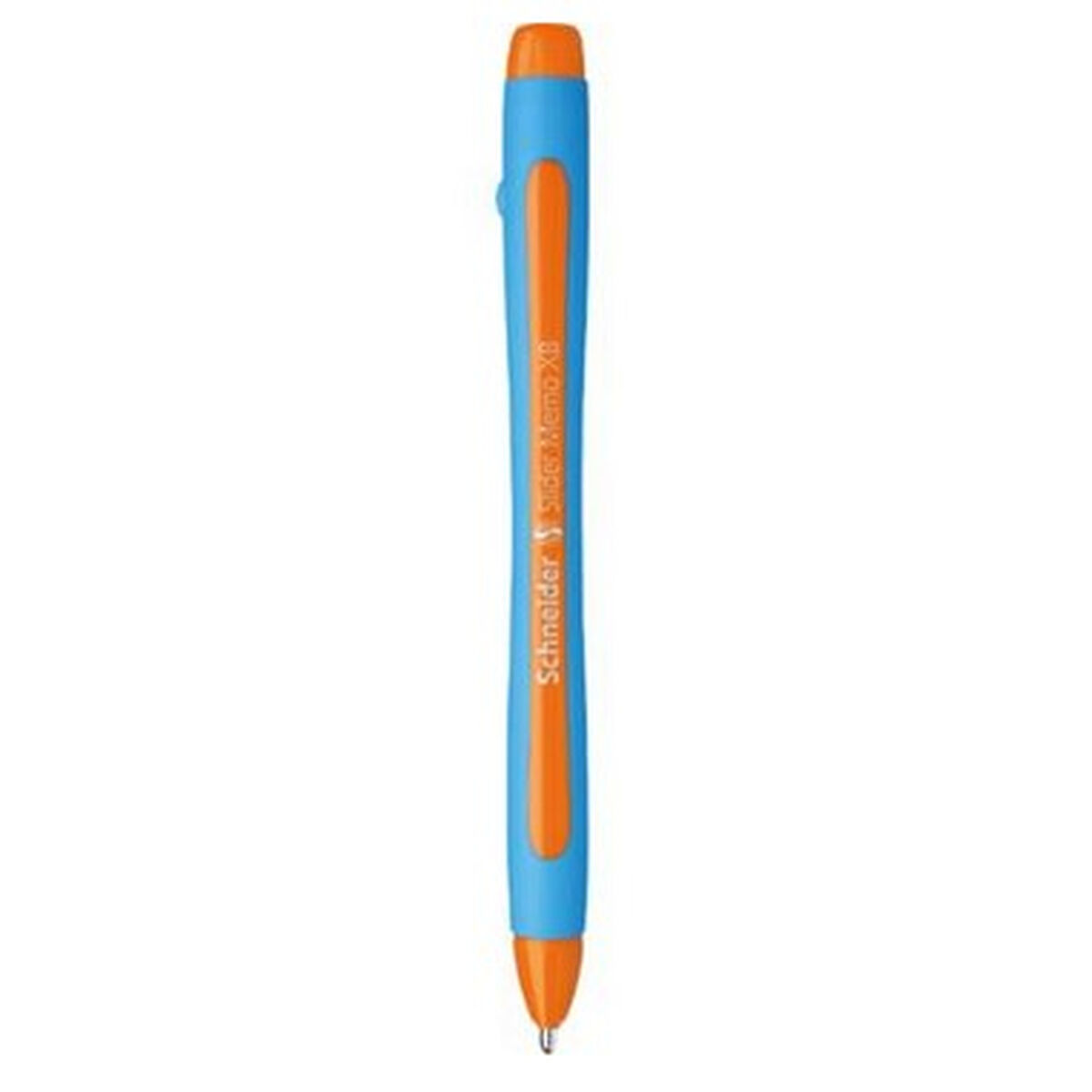 Ein blauer Stift mit einem orangefarbenen Griff und einer Kappe.