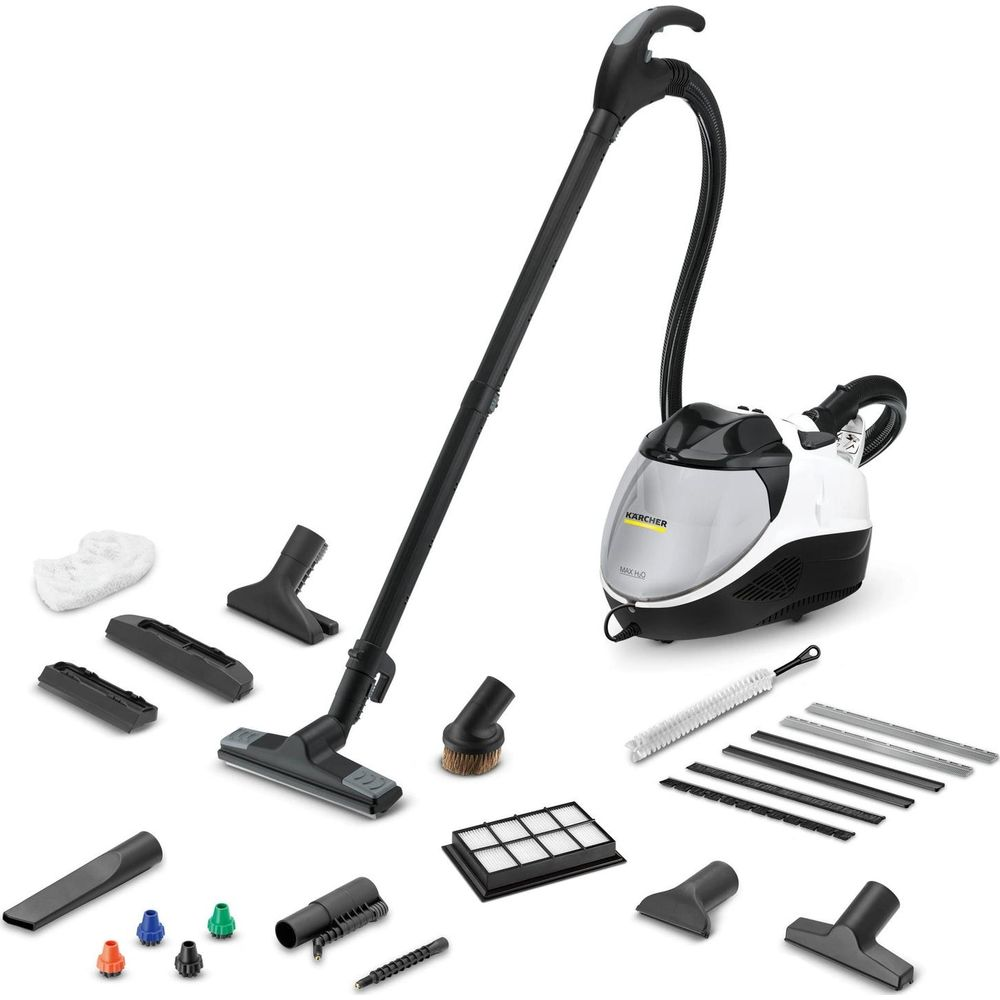 Dampfreiniger mit Zubehör: Hauptgerät, Schlauch, Stiel, Bürsten und Düsen.