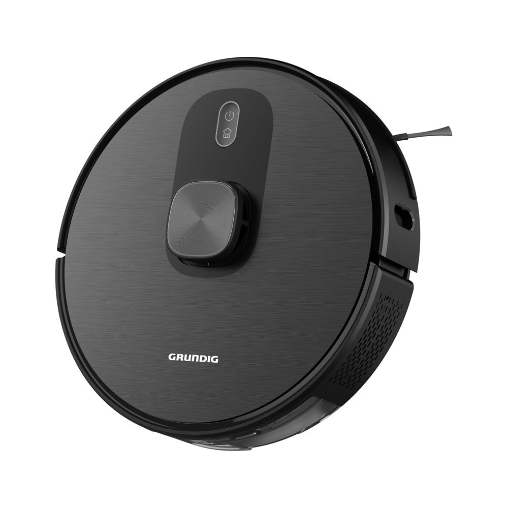 Aspirateur robot Grundig noir avec bouton d'alimentation et icône maison.