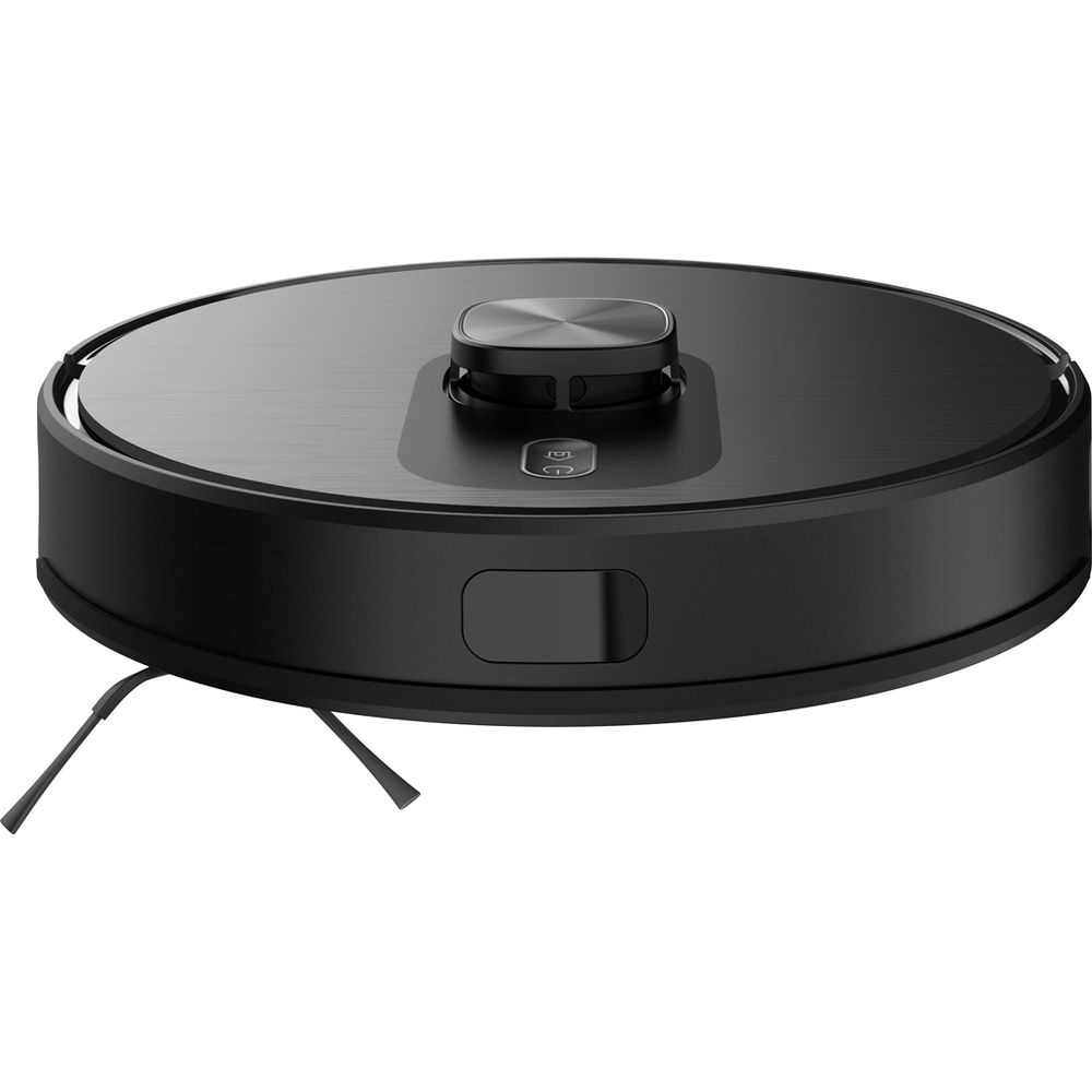 Un aspirateur robot rond noir avec deux brosses latérales sur fond blanc.