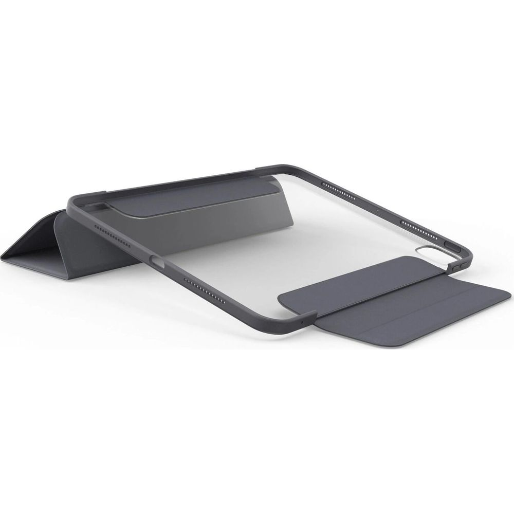 Ein graues Tabletgehäuse mit durchsichtiger Rückseite und integriertem Ständer.