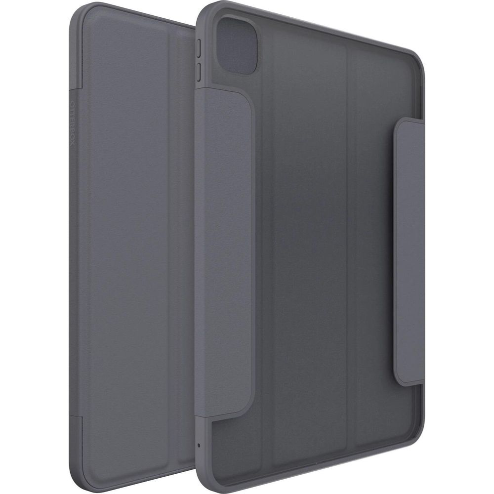 Graue Tablet-Hülle mit aufklappbarem Deckel, die eine Kameraaussparung zeigt.