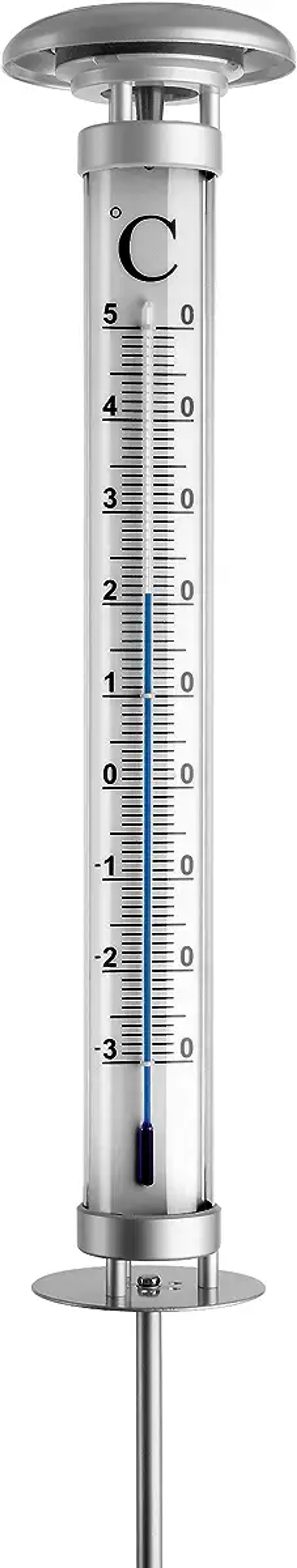 Ein Glasthermometer mit blauer Flüssigkeit zeigt 1,5 Grad Celsius an.