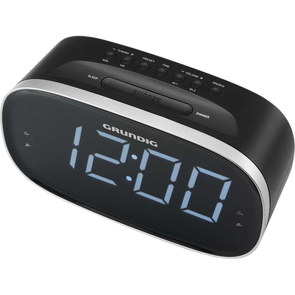 Un réveil numérique Grundig noir avec chiffres bleus affichant 12:00.