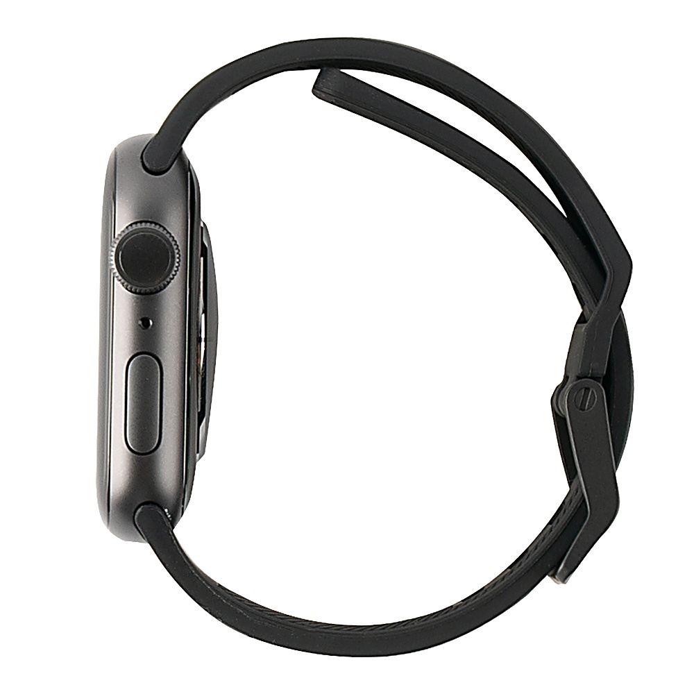 Szary smartwatch z czarnym paskiem, widok z boku.