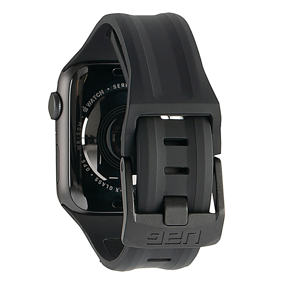 Czarny smartwatch z czarnym paskiem i klamrą, zbliżenie tyłu.