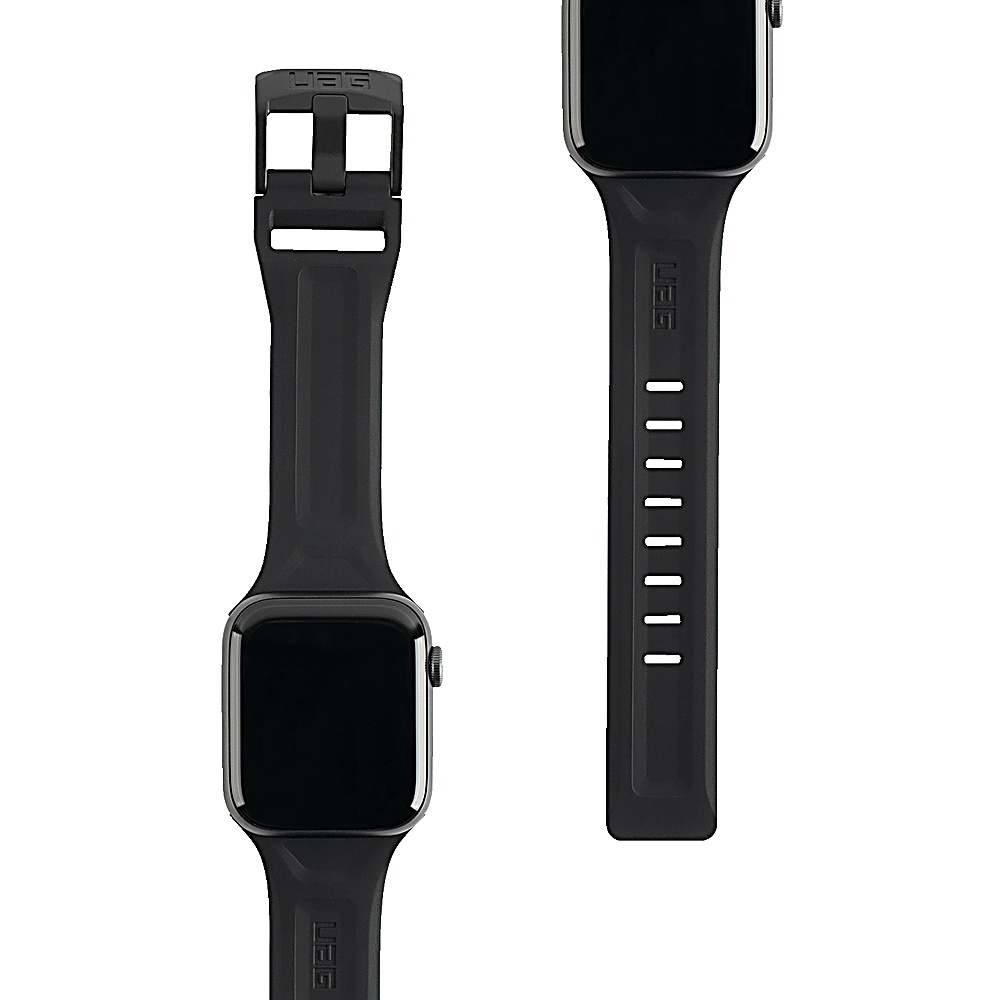 Czarny smartwatch z czarną bransoletą i metalową klamrą na białym tle.