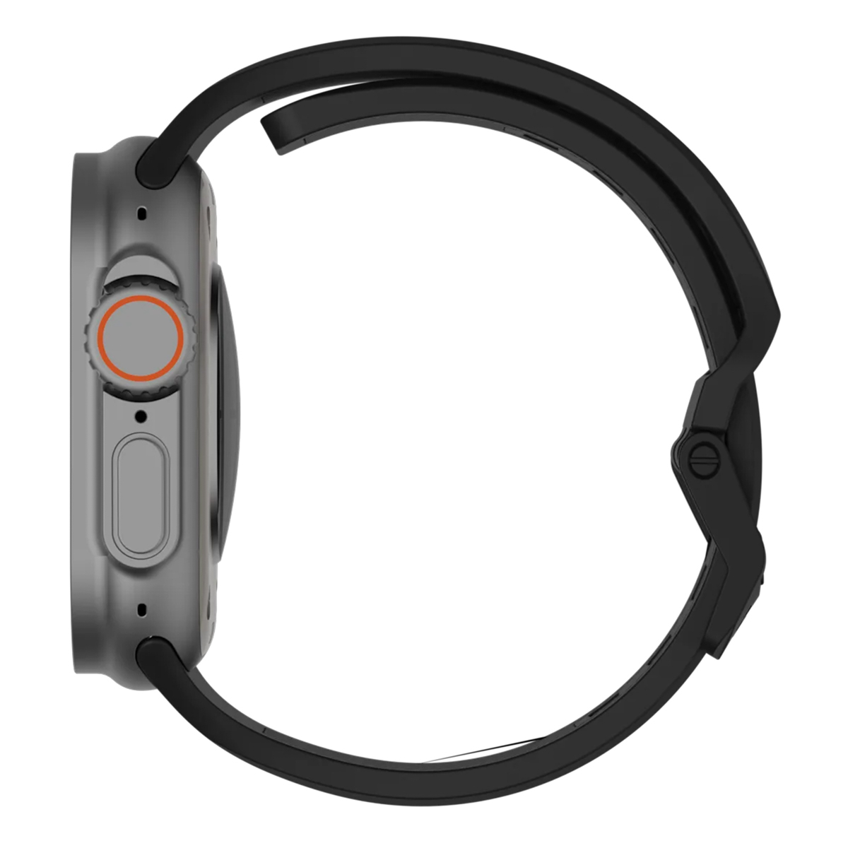 Szary smartwatch z czarnym paskiem, widok z boku. Koronka z pomarańczowym pierścieniem.