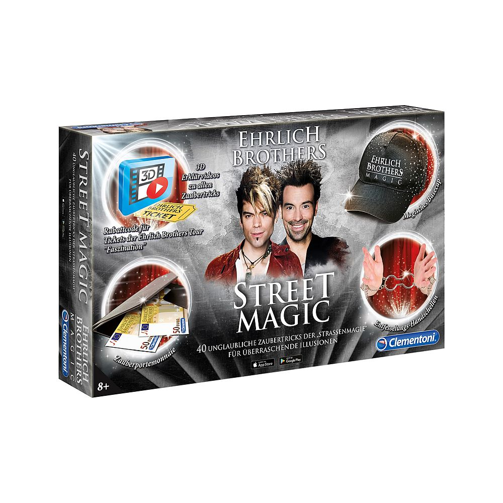 Ehrlich Brothers Street Magic Karton mit Zaubertricks: 3D-Videos, Basecap, Handschellen, Geld