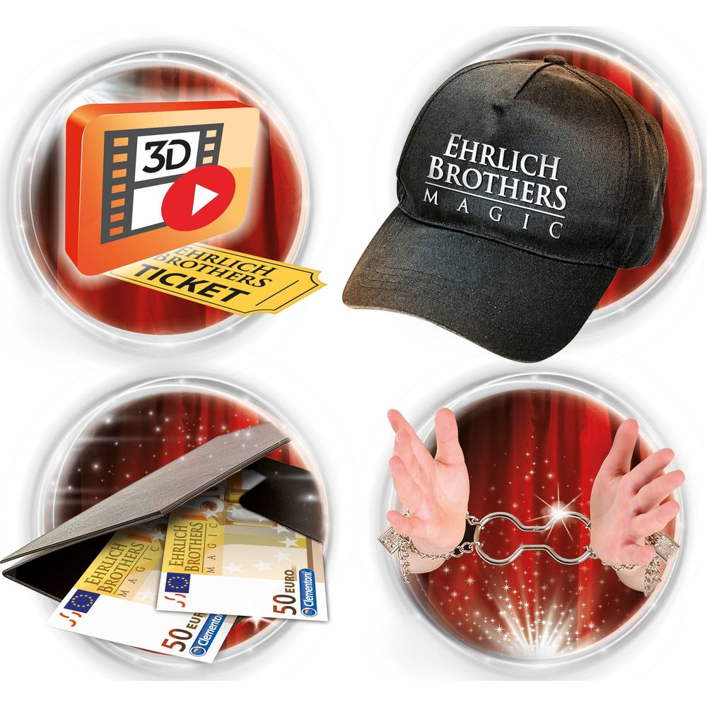 Vier Kreise mit magischen Gegenständen: 3D-Video-Symbol, Kappe, Geld und Handschellen.