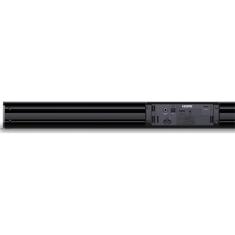 Vue arrière d'une barre de son noire montrant les ports HDMI, optique et auxiliaire.