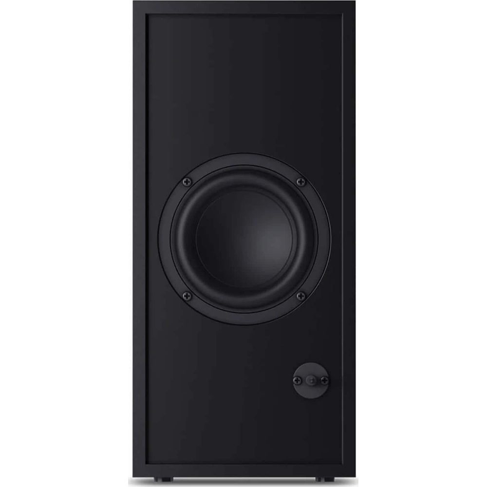 Enceinte noire avec haut-parleur de médium rond et borne de connexion.