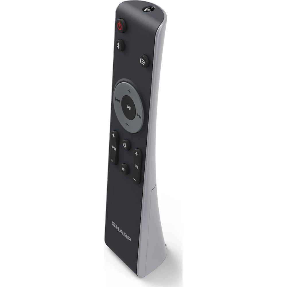Une télécommande SHARP noire avec des boutons ronds et rectangulaires.
