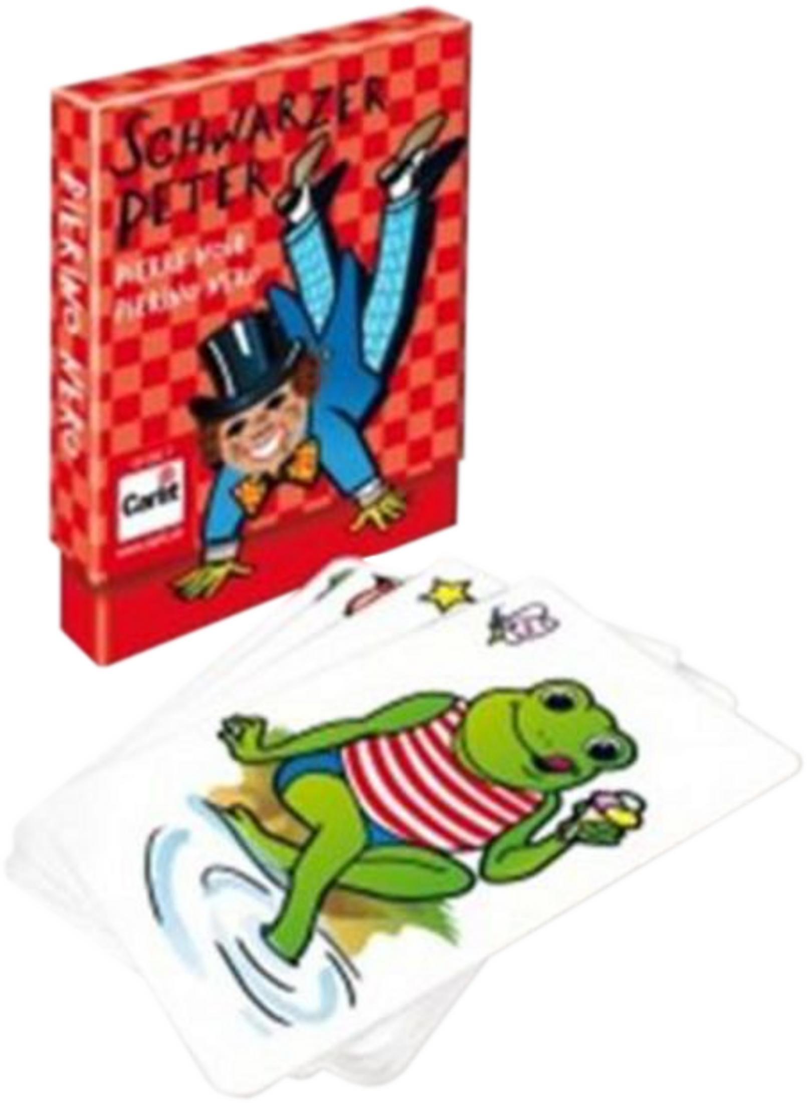 Jeu de cartes Schwarzer Peter avec une grenouille et une boîte montrant une silhouette en chapeau haut.
