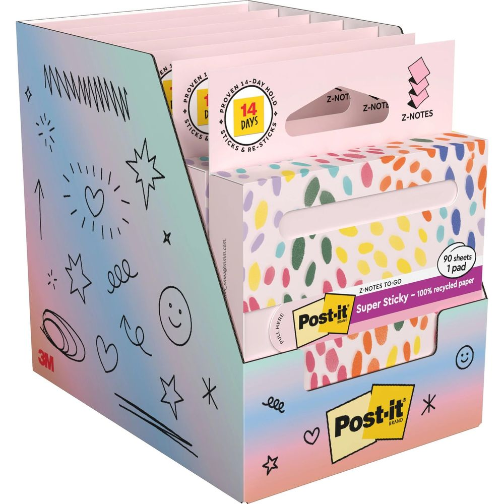 Post-it Z-Notes Spender mit bunten Punkten und Kritzeleien im holografischen Design.
