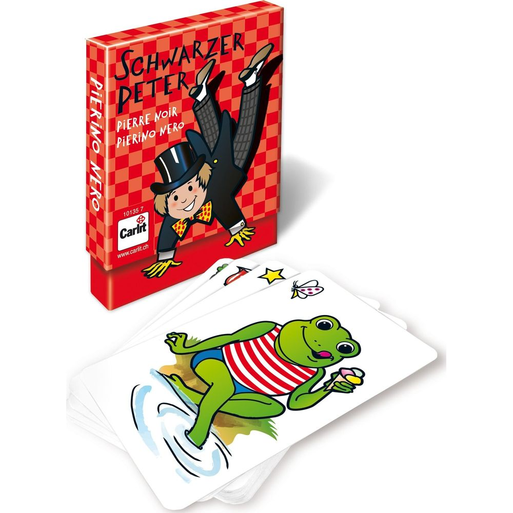 Cartes à jouer et boîte avec un homme et une grenouille.