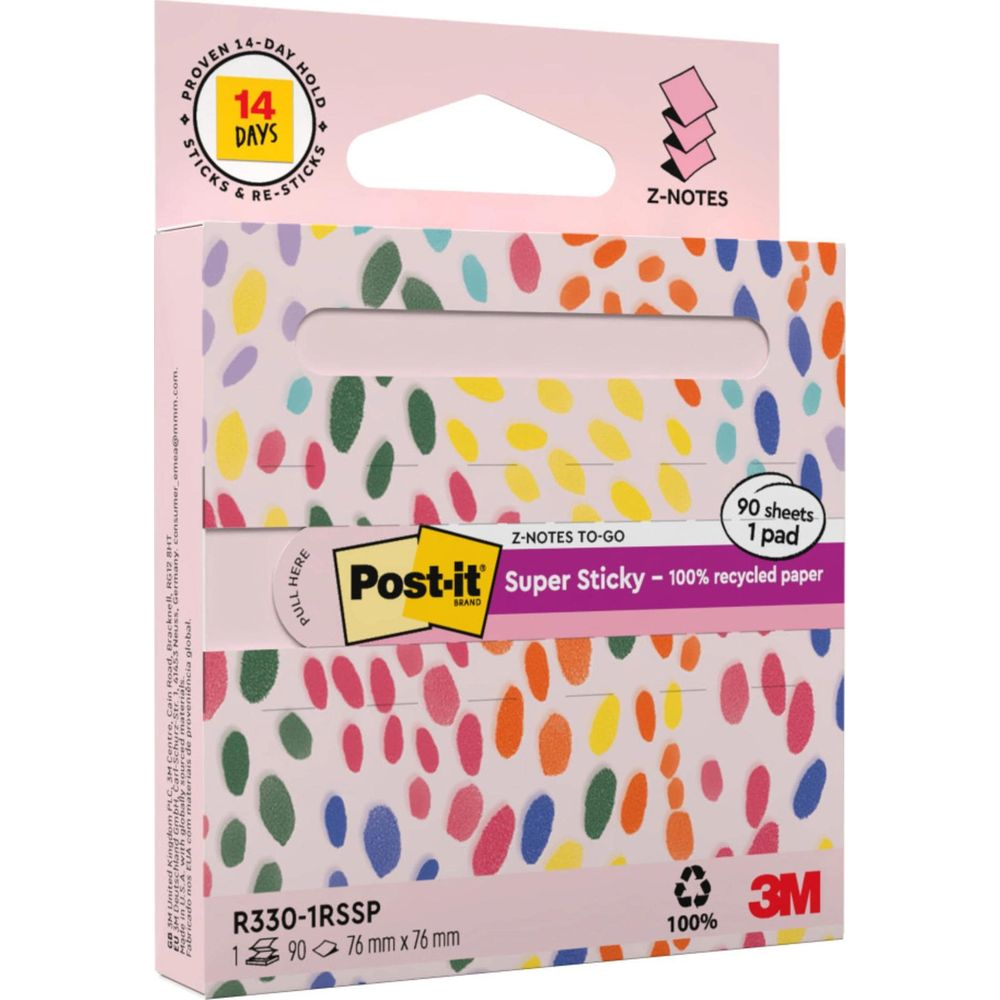 Post-it Super Sticky Notizen, 100% Recyclingpapier, bunte Punkte.