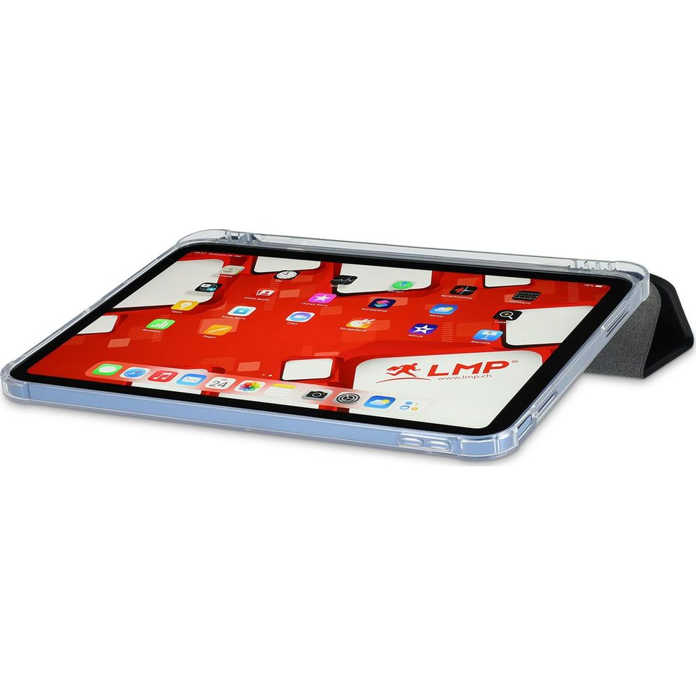 Une tablette dans un étui de protection affichant une interface d'application rouge.