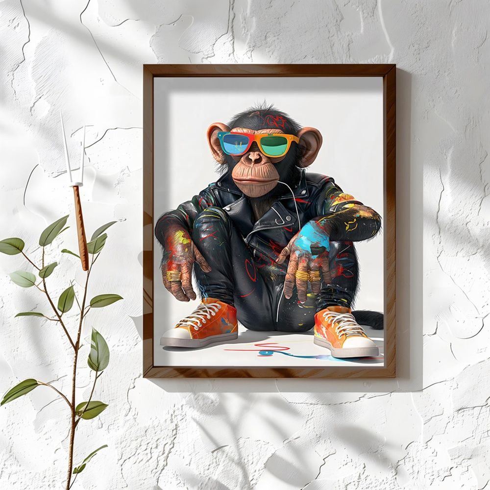Un singe en blouson de cuir et lunettes de soleil, éclaboussé de peinture, assis.
