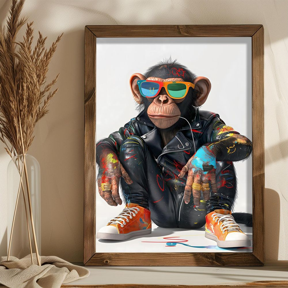 Un chimpanzé en blouson de cuir, jean et baskets éclaboussé de peinture colorée, assis.