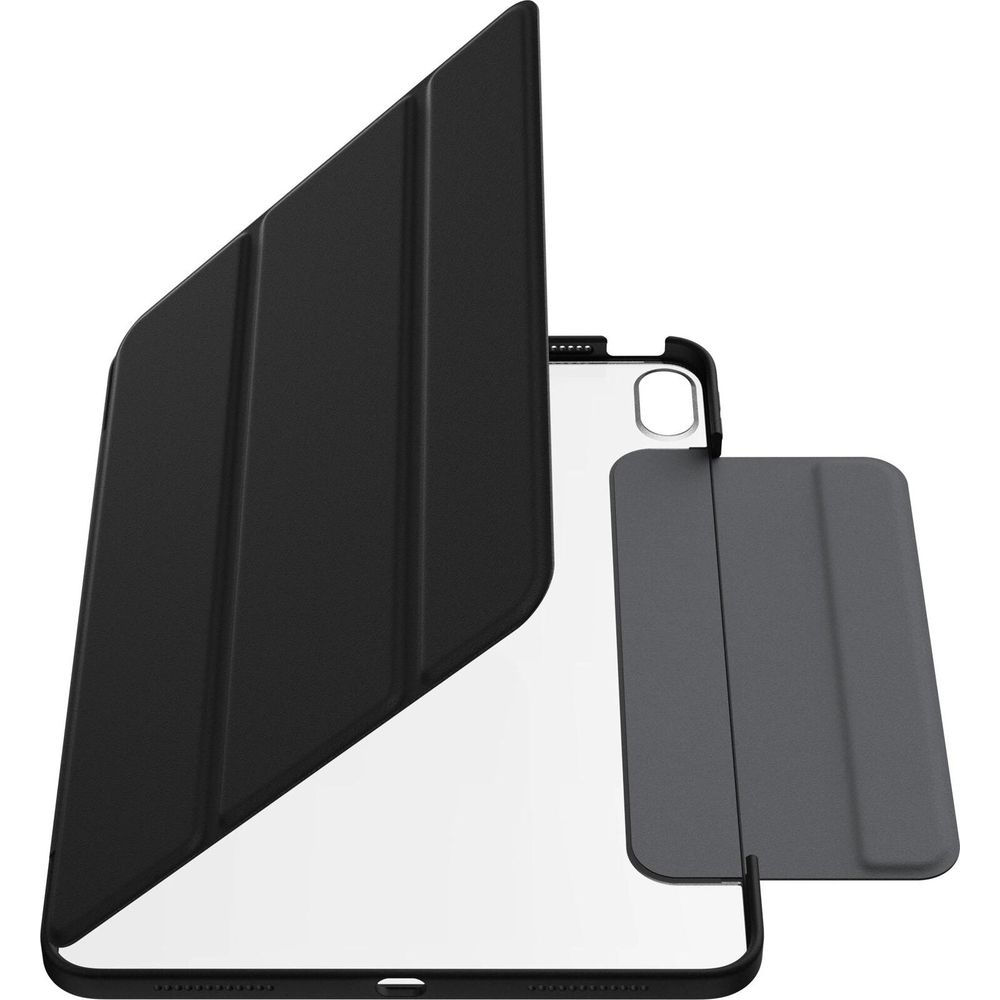 Ein schwarzer Tablet-Ständer mit gefalteter Abdeckung und einem Tablet mit grauer Hülle.