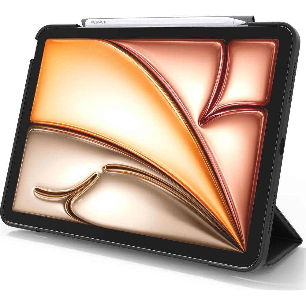 Ein Tablet mit Stifthalter im schwarzen Gehäuse, das im Ständer-Modus aufgestellt ist.