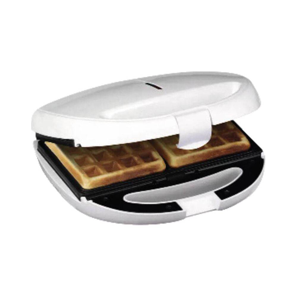 Ein weißer Waffelautomat mit zwei fertigen Waffeln darin.