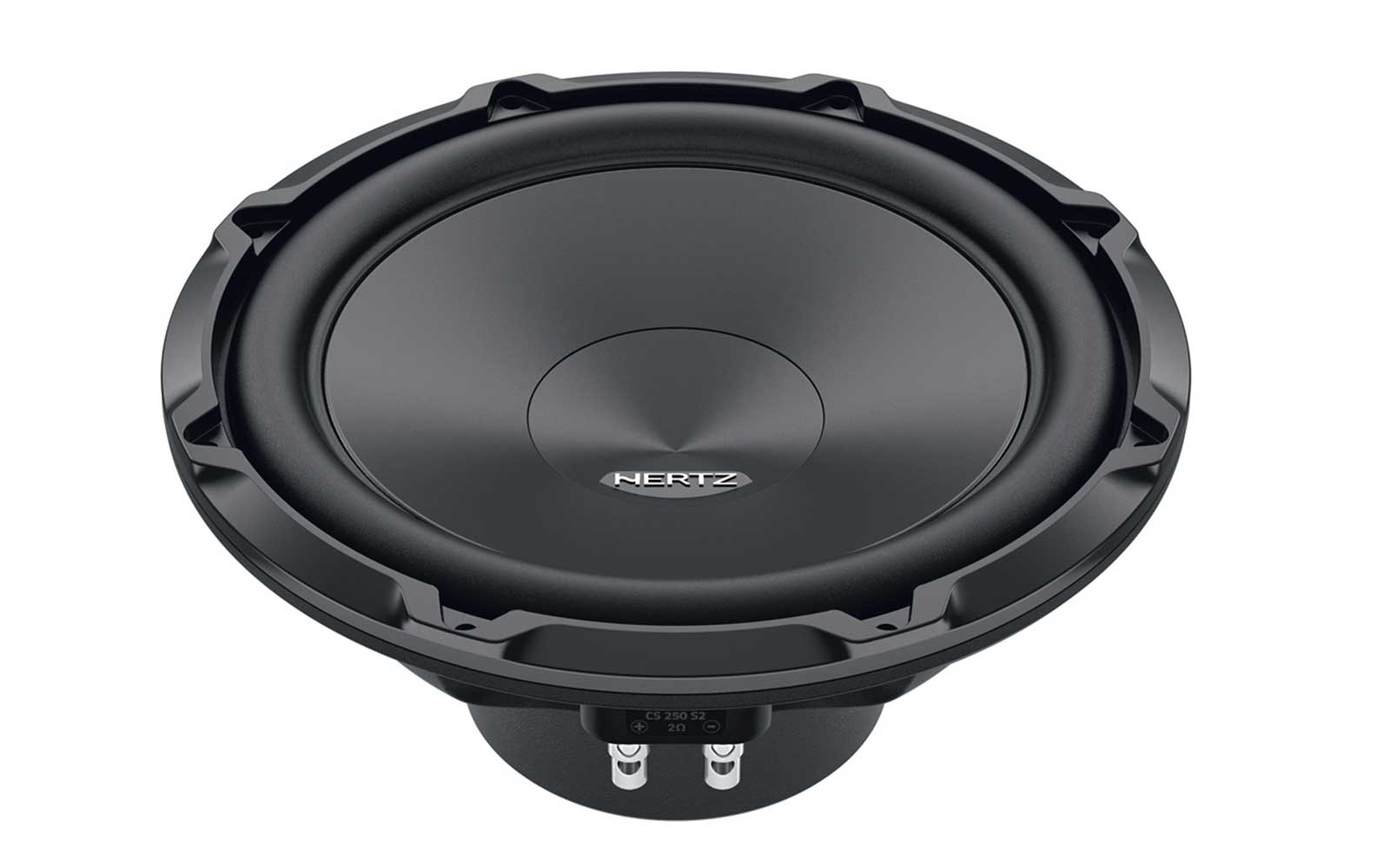 Schwarzer Hertz-Subwoofer mit dem Logo in der Mitte und silbernen Anschlüssen.