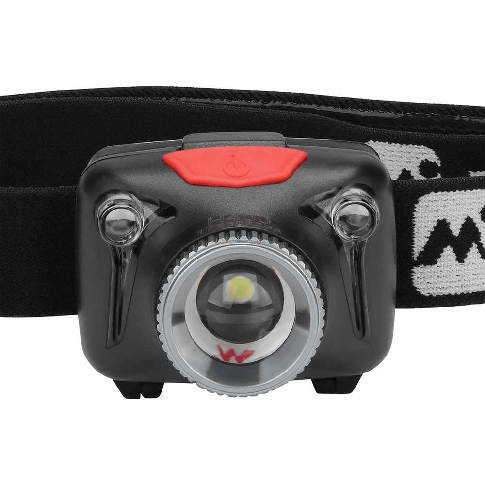 Une lampe frontale noire avec un bouton rouge et une lumière LED.