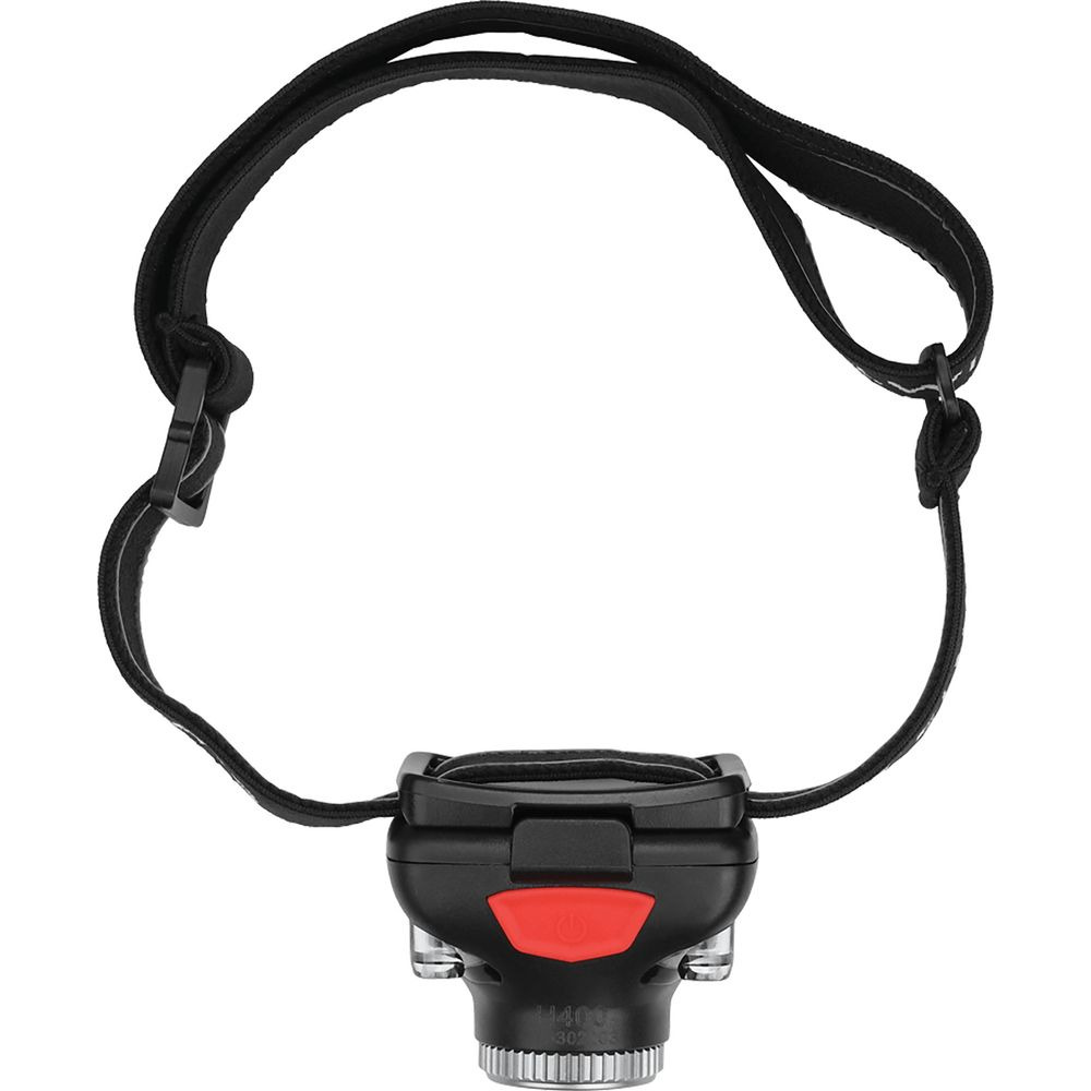 Lampe frontale noire avec sangle réglable et bouton rouge.