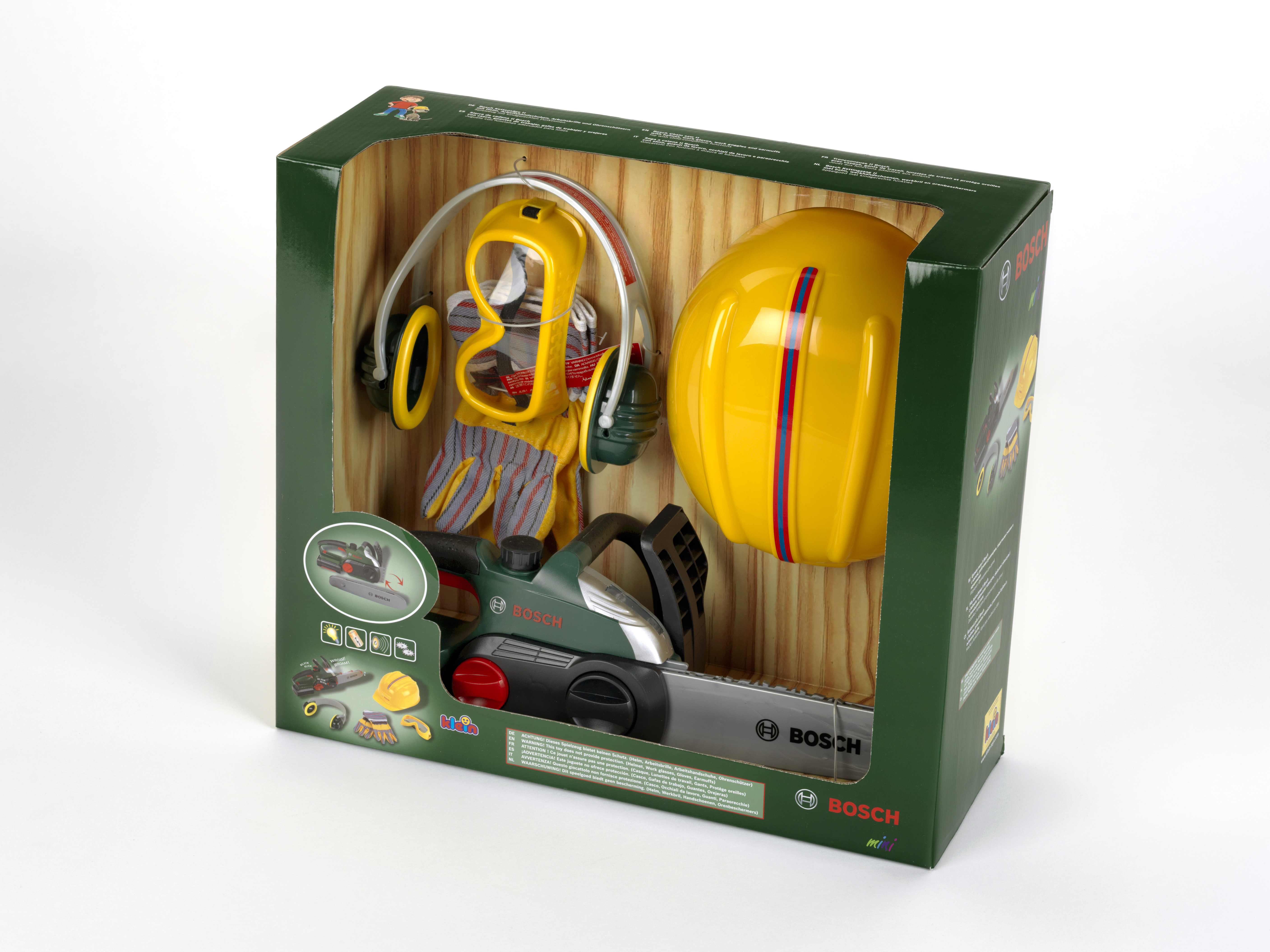Set motosega giocattolo Bosch con accessori: casco, occhiali, guanti.