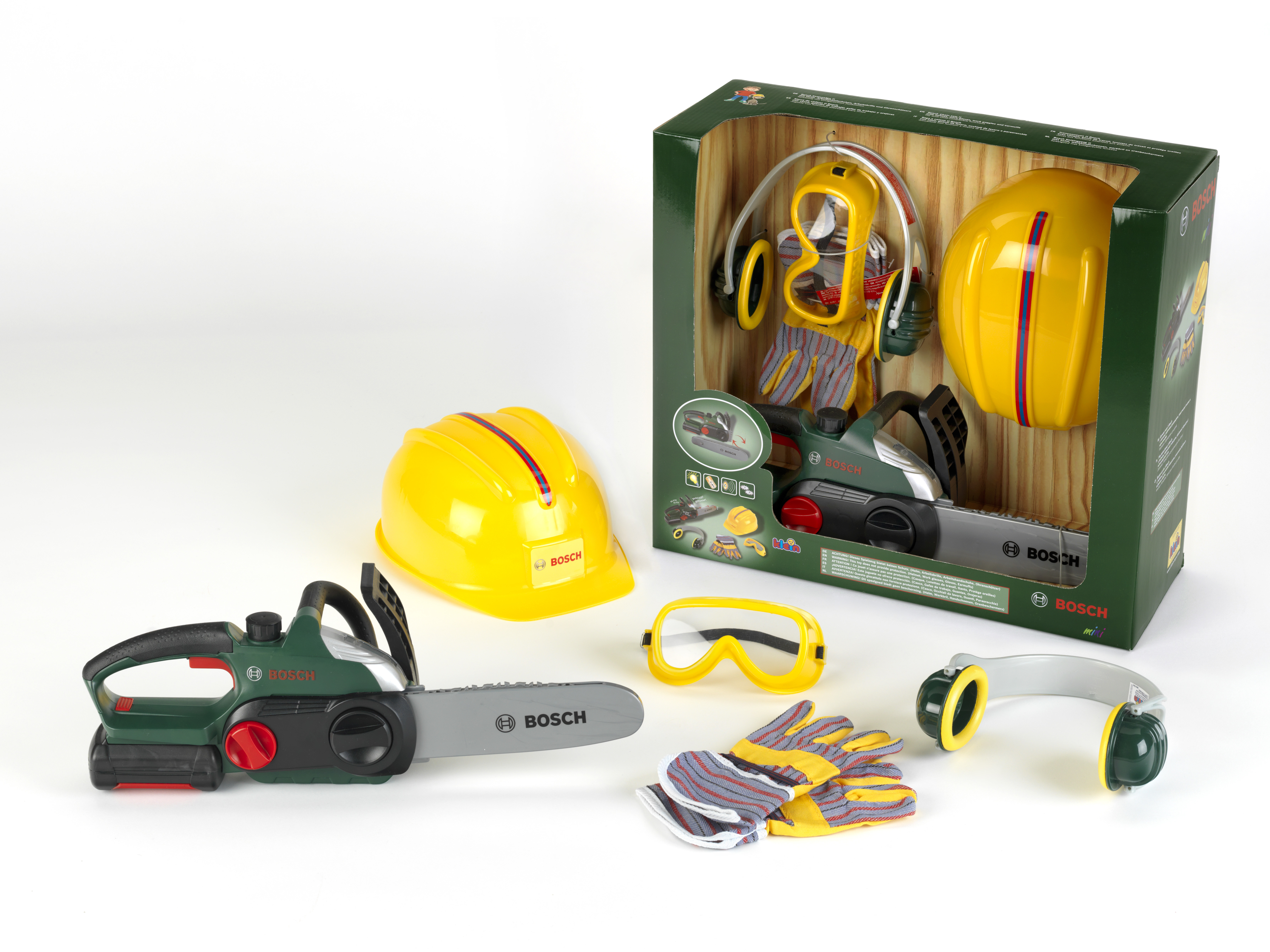 Set di attrezzi giocattolo con motosega, casco, occhiali, guanti e cuffie.