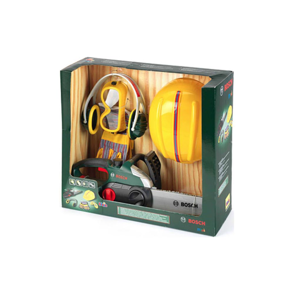 Set motosega giocattolo Bosch con casco giallo, occhiali e guanti in scatola verde.