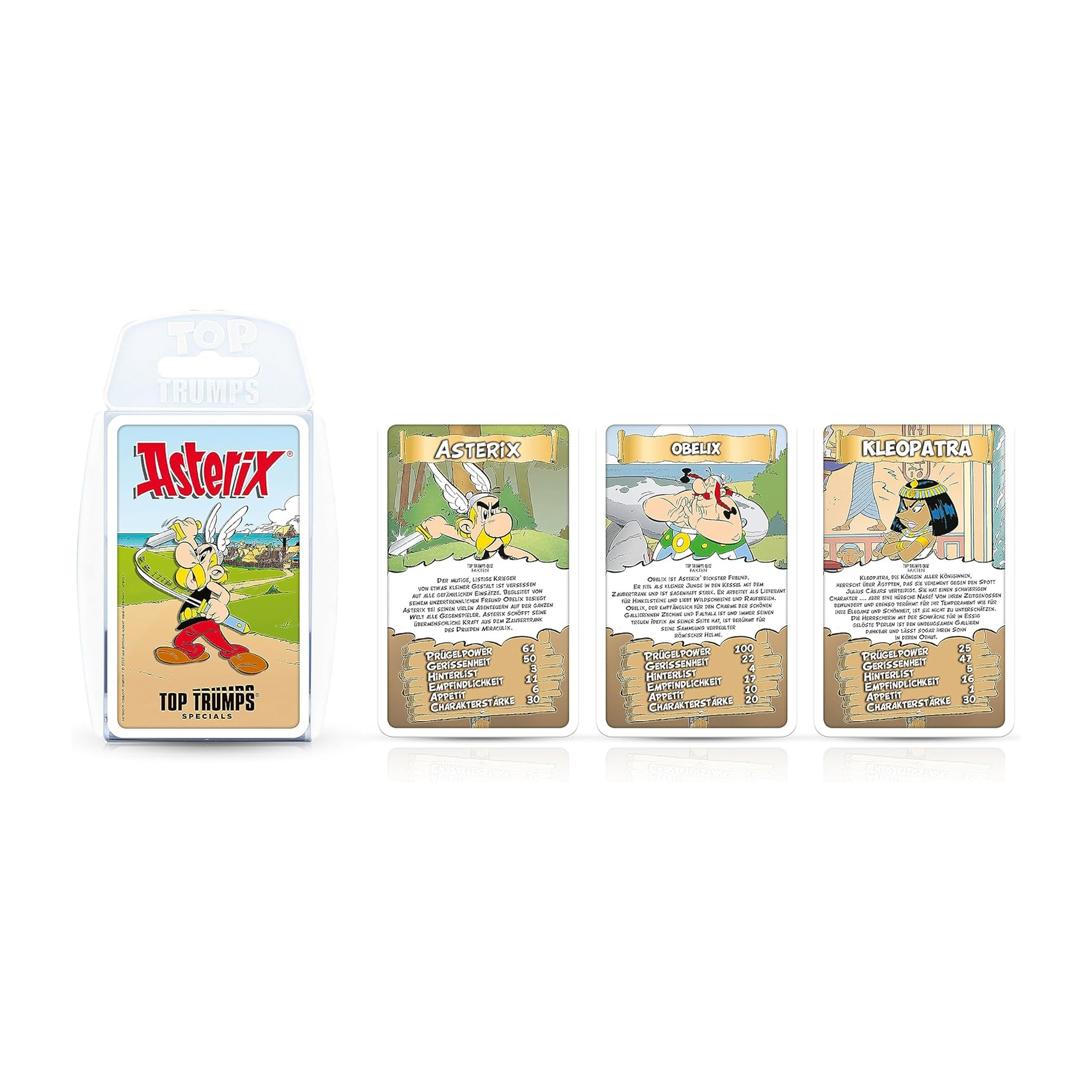 Gioco Top Trumps Asterix con carte di Asterix, Obelix e Cleopatra.