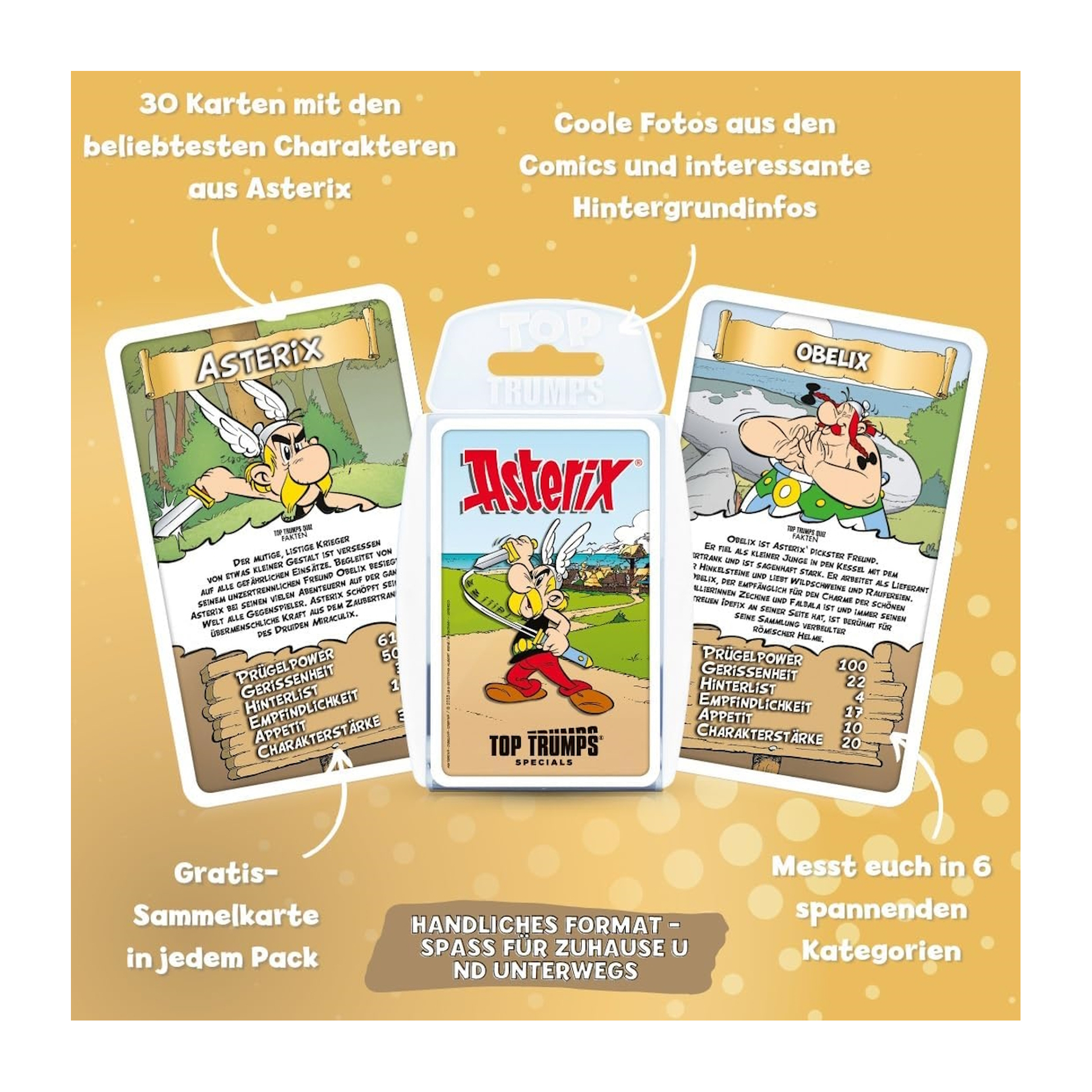 Carte Top Trumps di Asterix e Obelix con info sul gioco.