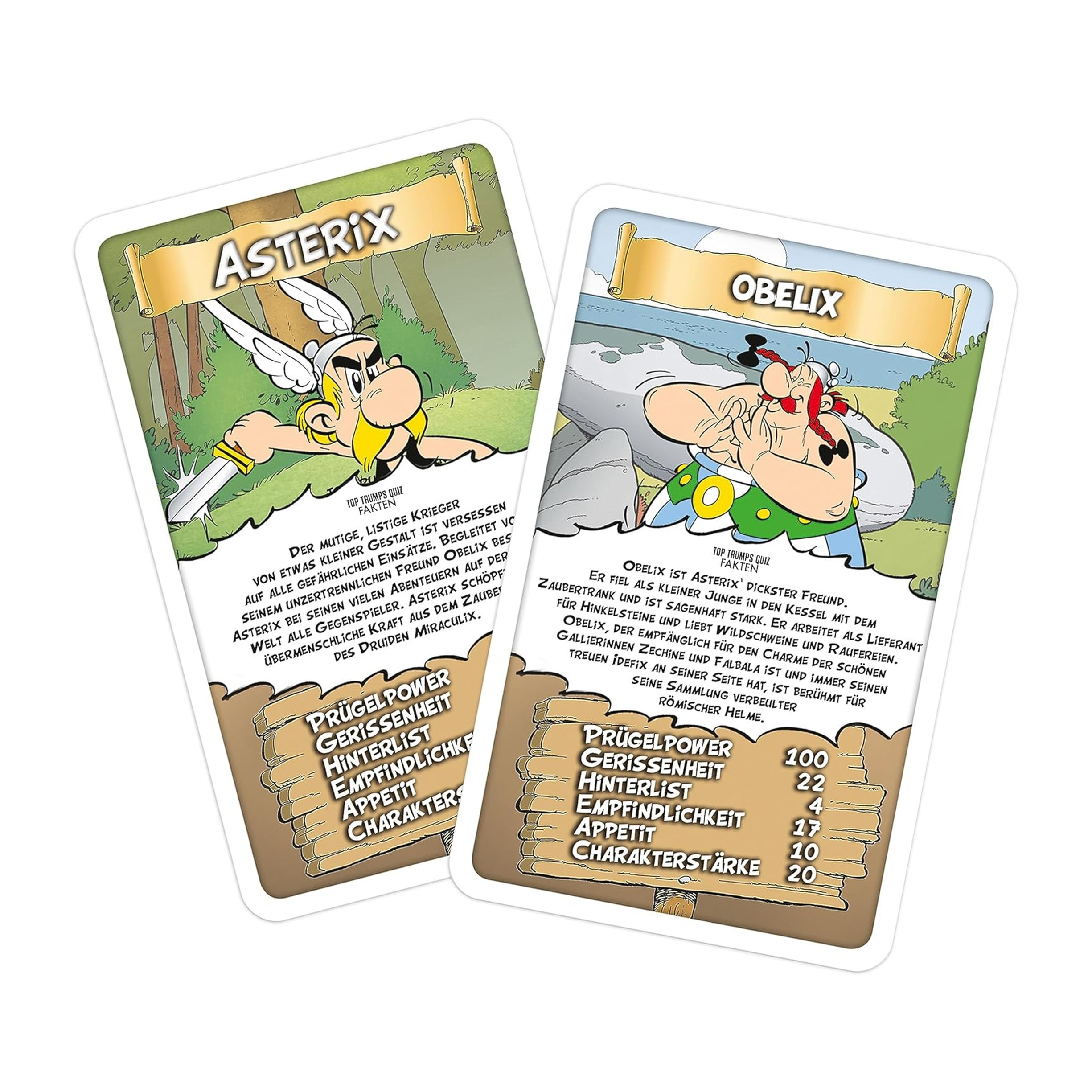 Due carte da gioco di Asterix & Obelix con arte e statistiche.