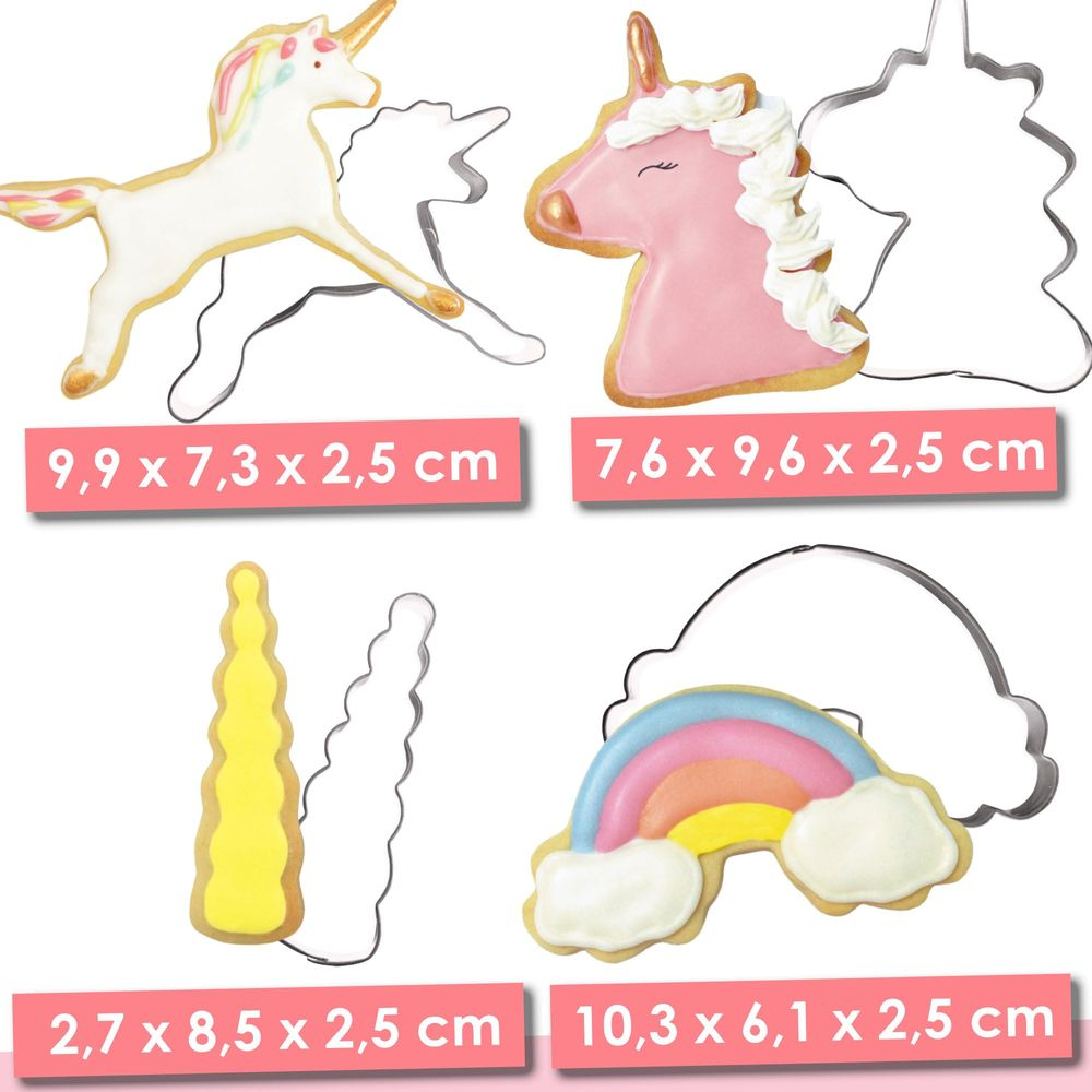 Vier Keksausstecher: Einhorn, Einhornhorn, Einhorn und ein Regenbogen.