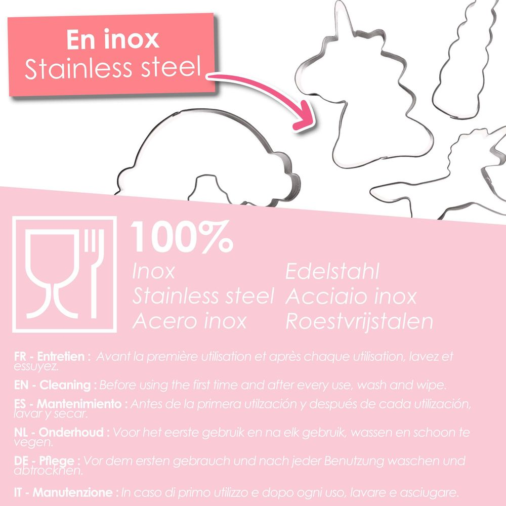 Edelstahl Ausstecher in Form von Einhörnern und Regenbogen.