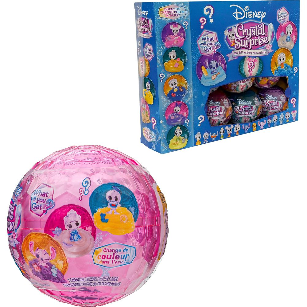 Jouets Disney Crystal Surprise dans une sphère rose et une boîte.