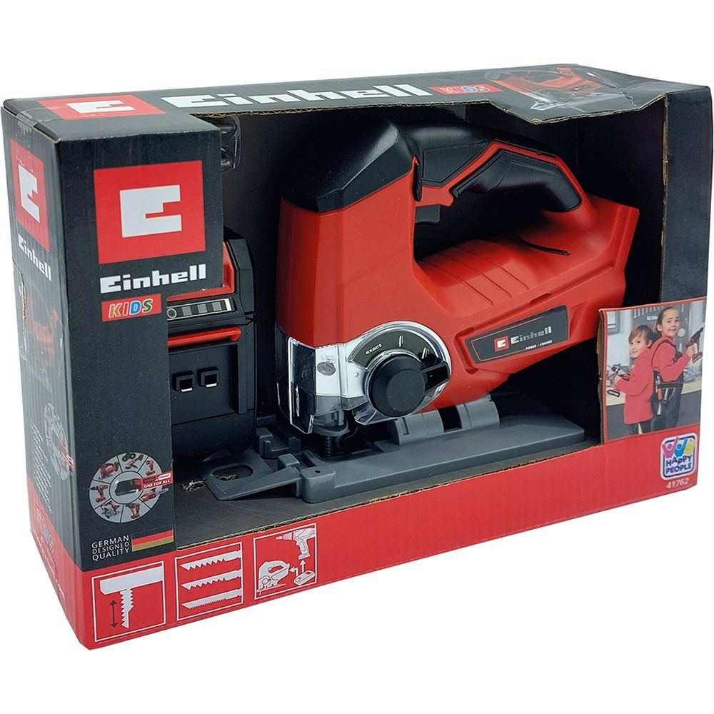 Ein rotes Spielzeug-Stichsäge-Set mit Zubehör in einem Karton. "Einhell KIDS" Logo.