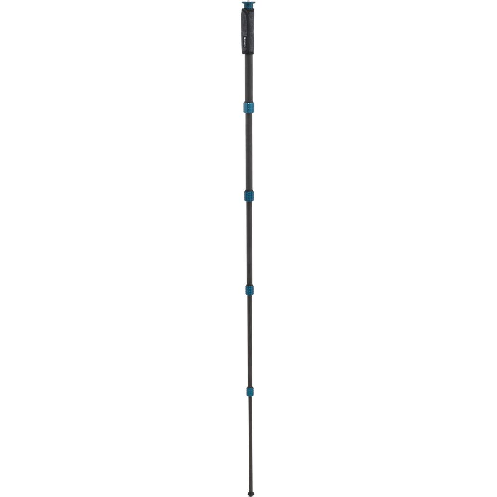 Un bastone da trekking nero con anelli blu su sfondo bianco.