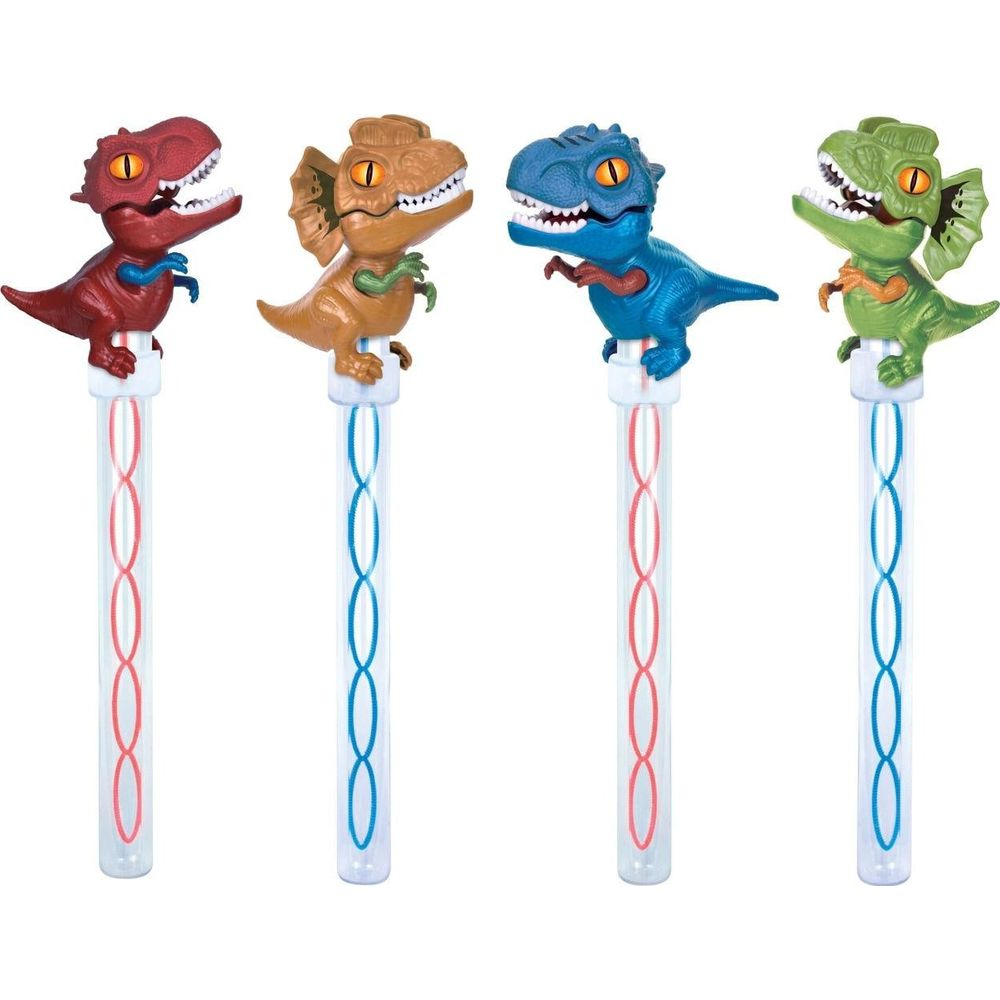 Quattro bacchette per bolle a forma di dinosauro, rosse, marroni, blu e verdi.