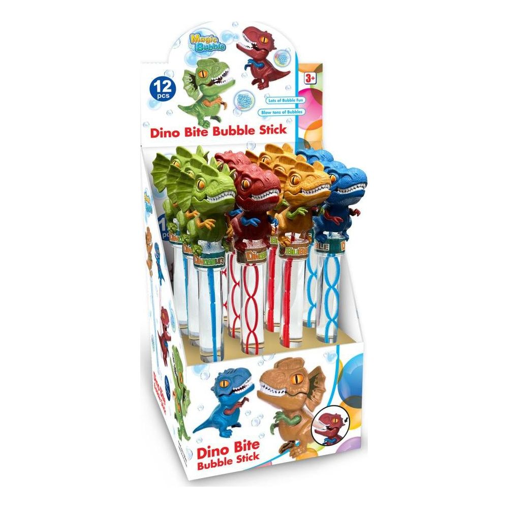 Confezione da 12 bastoncini a bolle a forma di dinosauro assortiti.