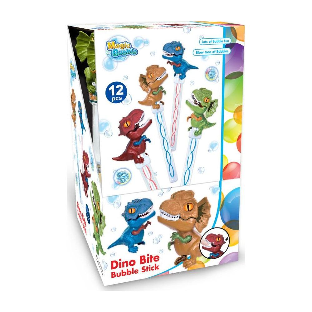 Scatola da 12 bastoncini per bolle Magic Bubble Dino Bite con giocattoli dinosauro.