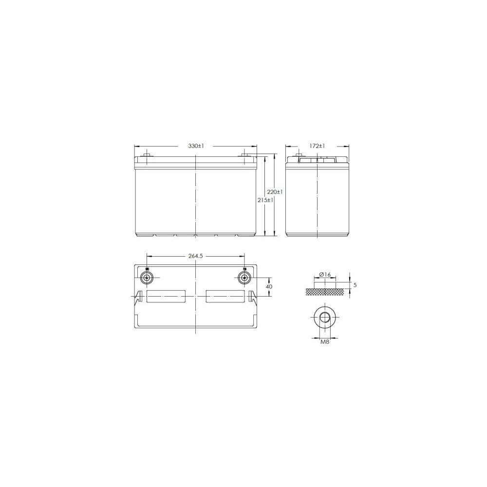 Disegno tecnico di una batteria con dimensioni e dettagli.