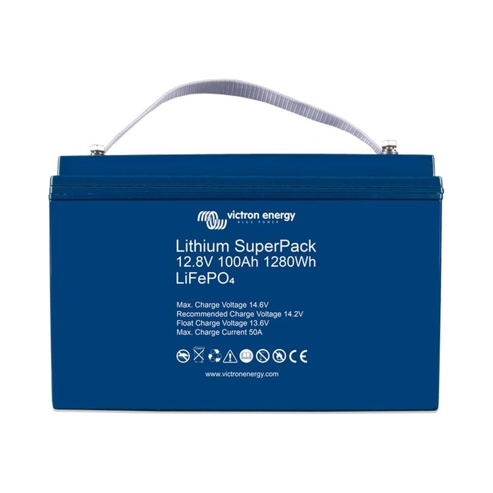 Batteria blu Victron Energy Lithium SuperPack da 12,8V, 100Ah, 1280Wh, LiFePO4.