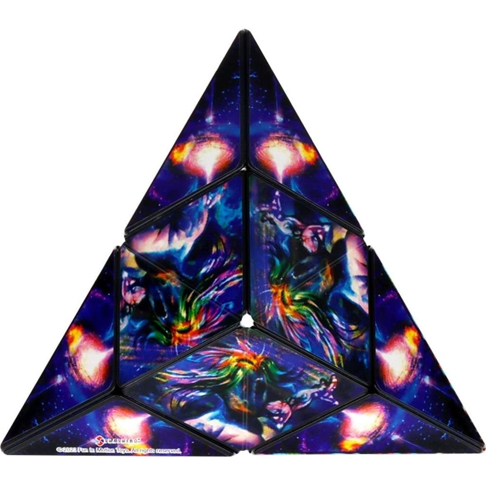 Un puzzle triangolare con un'immagine cosmica di una creatura alata.