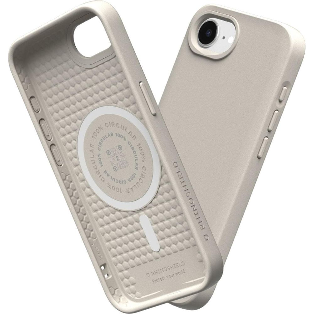 Twee beige telefoonhoesjes, één open met interieur en logo.
