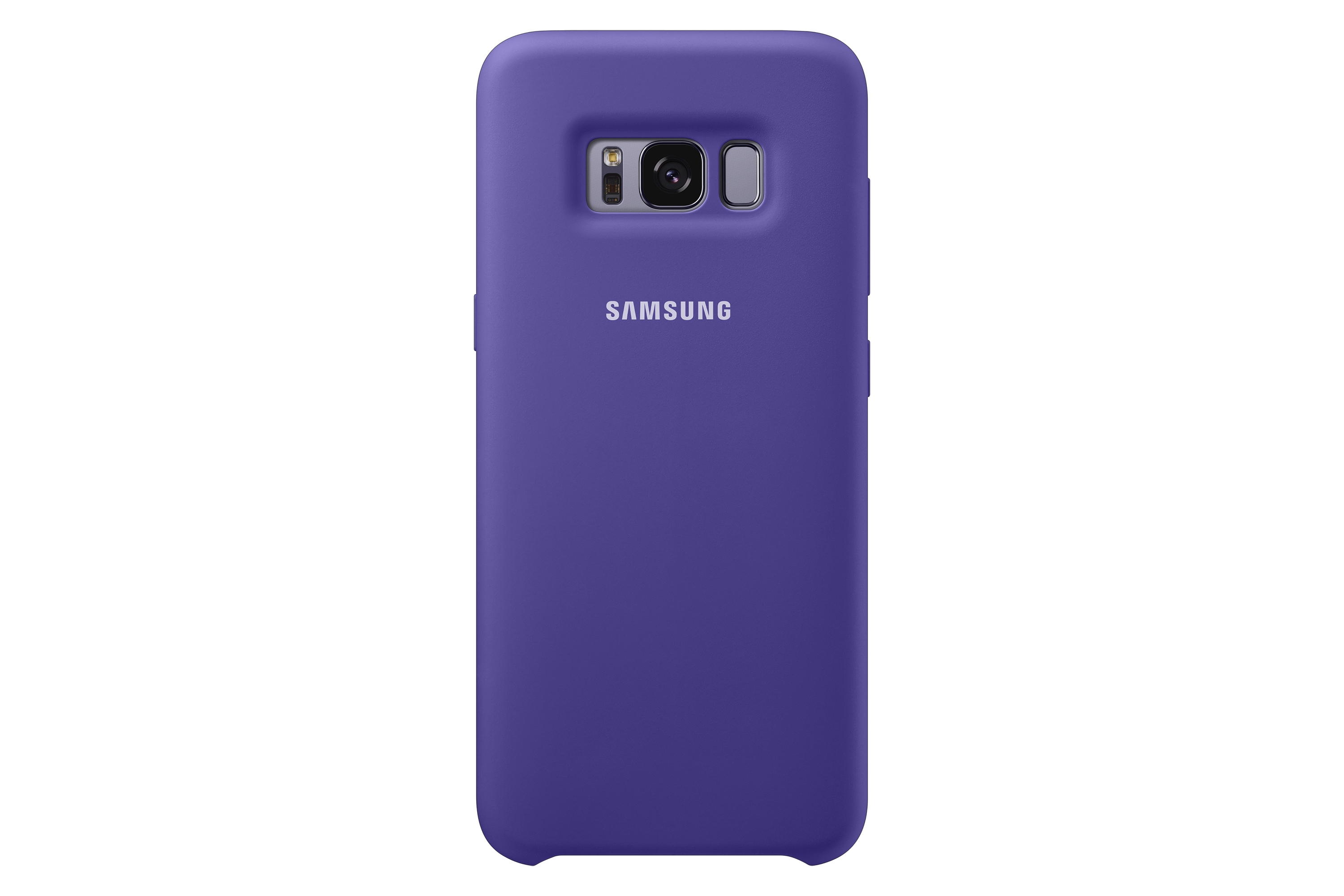Custodia viola Samsung con foro fotocamera e logo.