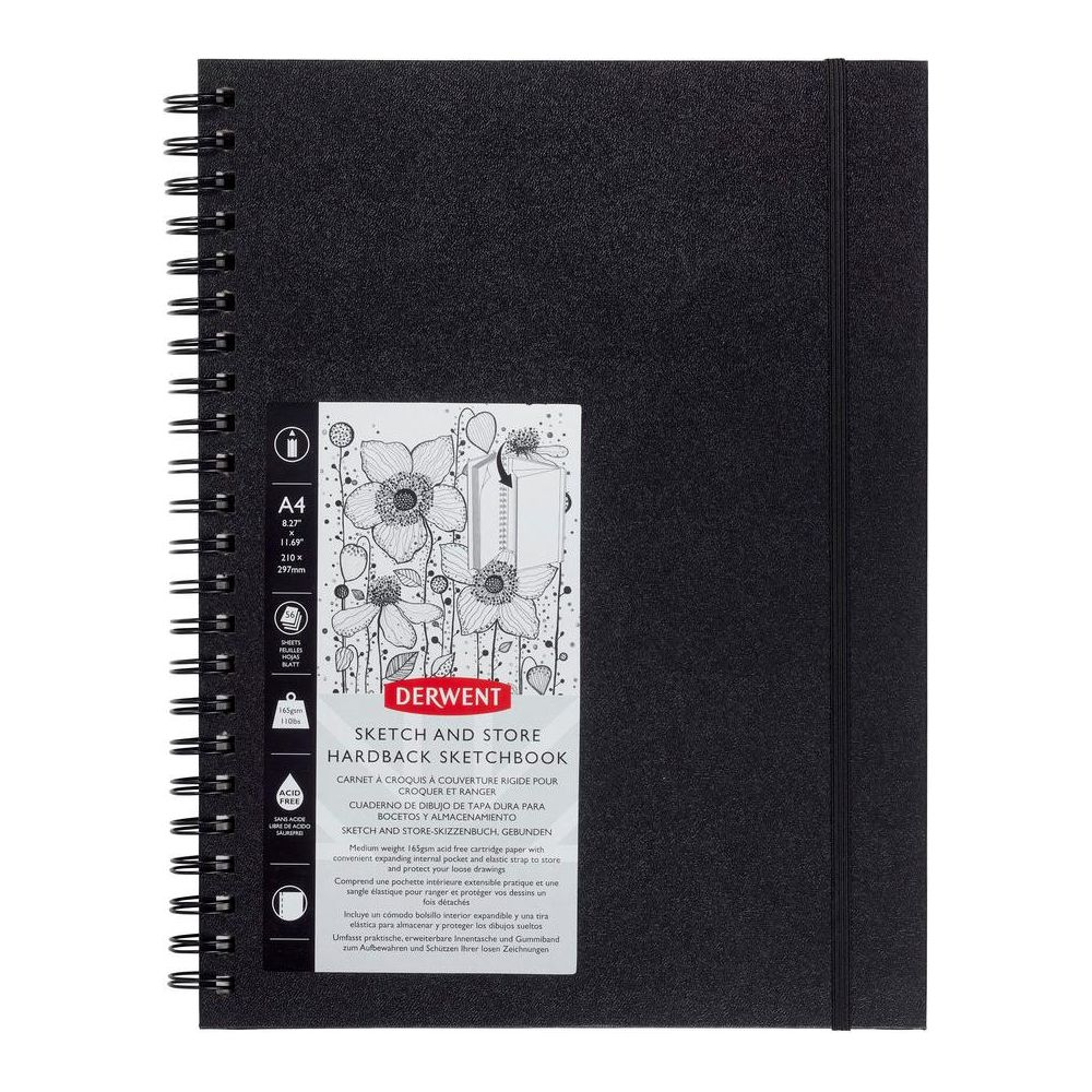 Schwarzes Skizzenbuch im A4-Format mit Drahtbindung und floralem Design.